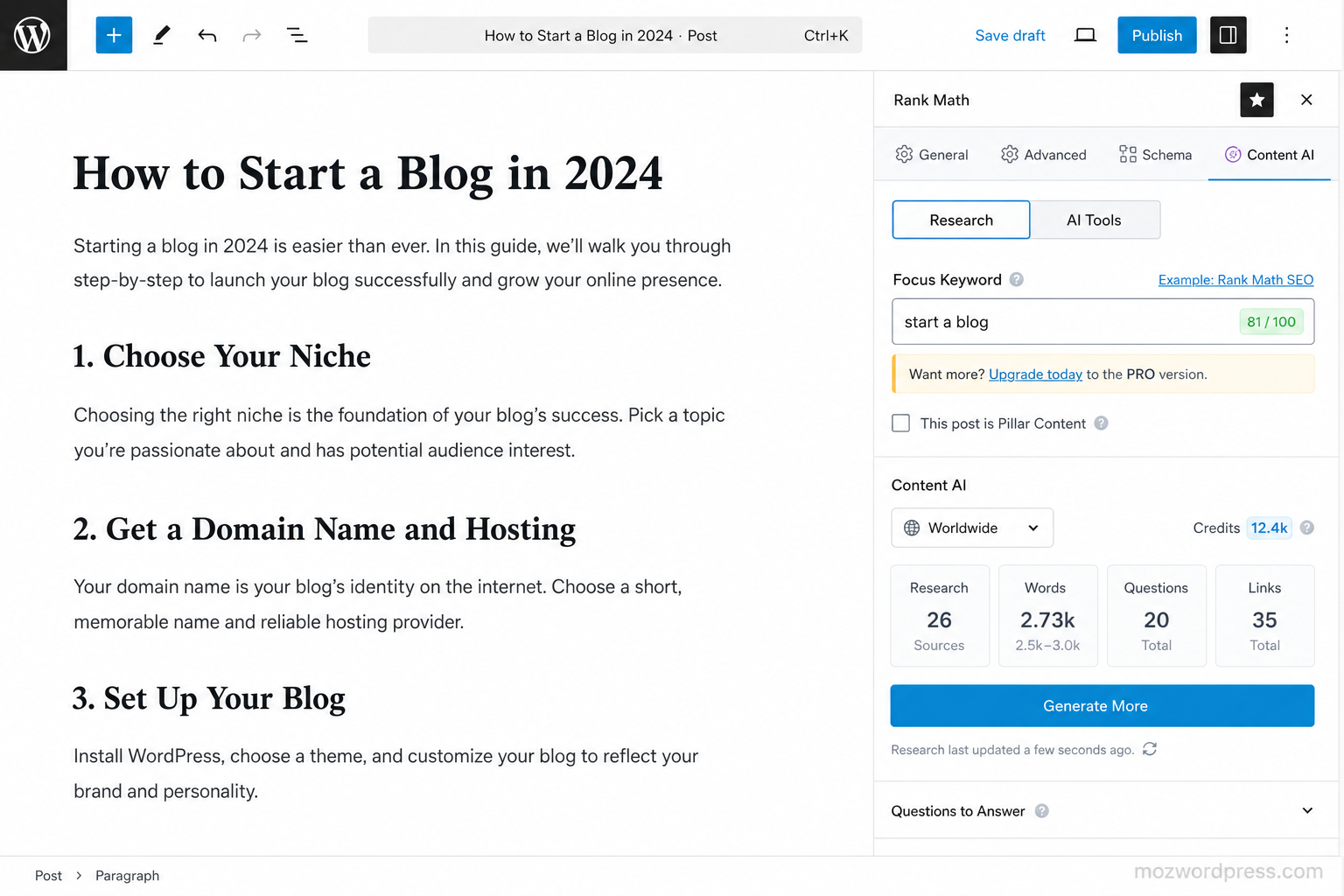 Rank Math Content AI setup inside WordPress post editor